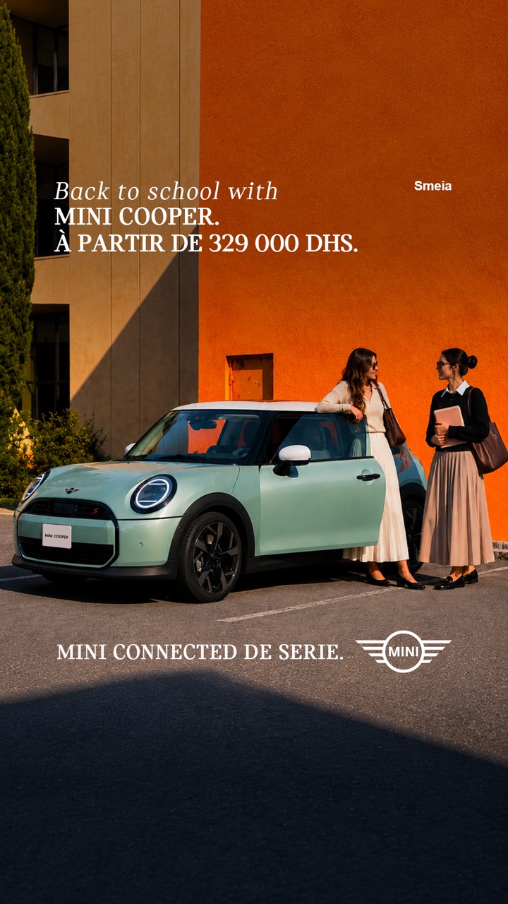 Back to school with MINI Cooper. À partir de 329 000 DHS. MINI Connected de série. MINI · Smeia. Une Cooper vert menthe devant une école.